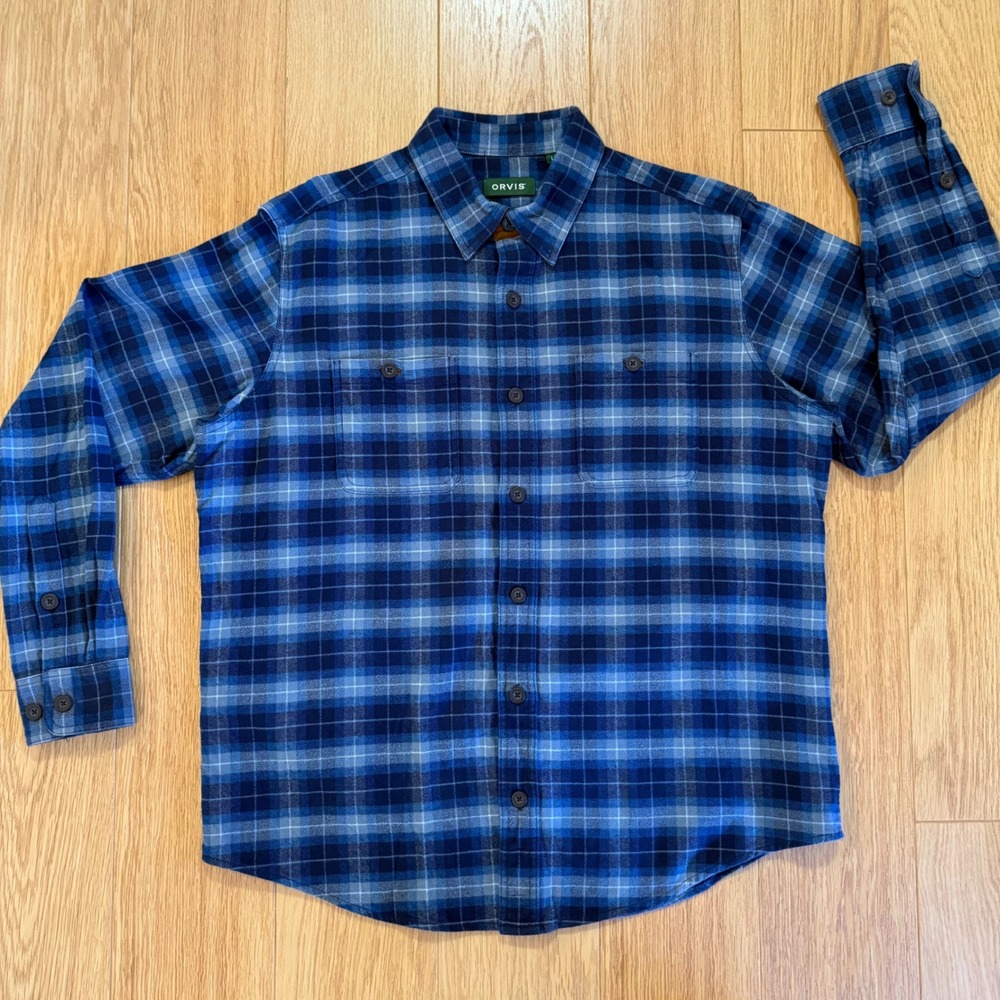 Orvis Perfect Flannel‎ Shirt L Blue Excellent Classic Fit Plaid Button Down
